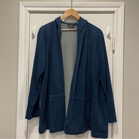 J. Jill Pure Indigo Hooded Cardigan Women’s Large Navy Long Open Stretch Pockets - Picture 1 of 8